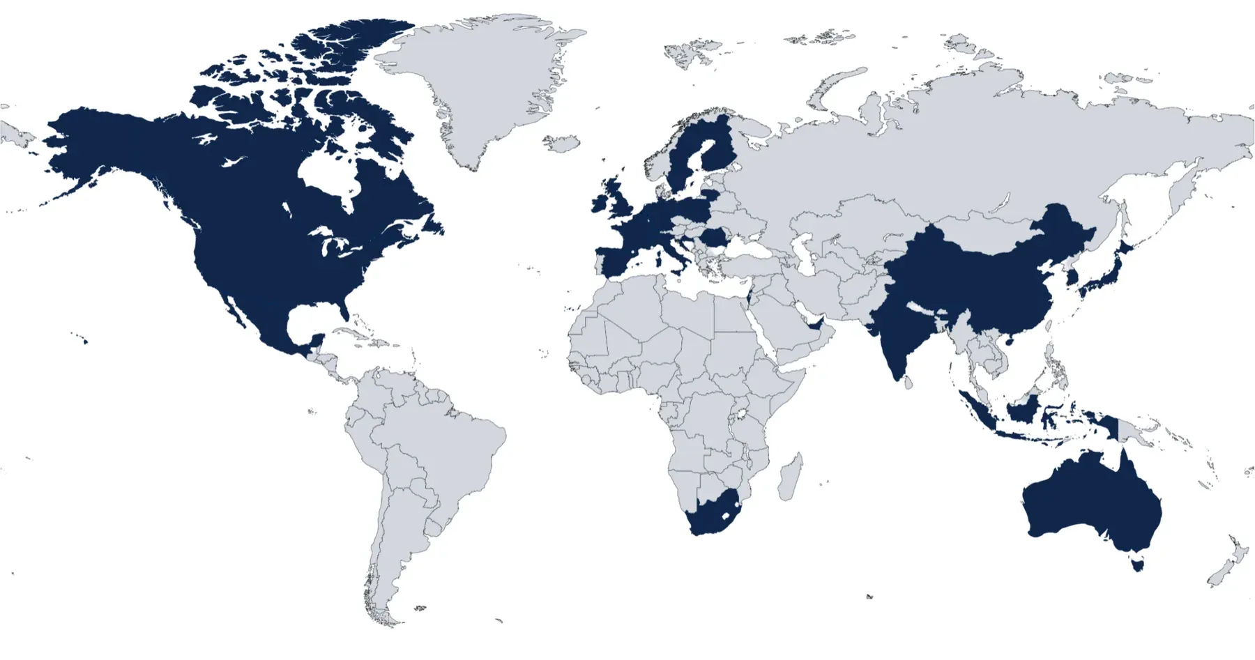 Carte du monde indiquant en bleu les pays d'origine des clients de Keypoint International : Amérique du Nord, Europe, Moyen-Orient, Asie-Pacifique et Afrique australe