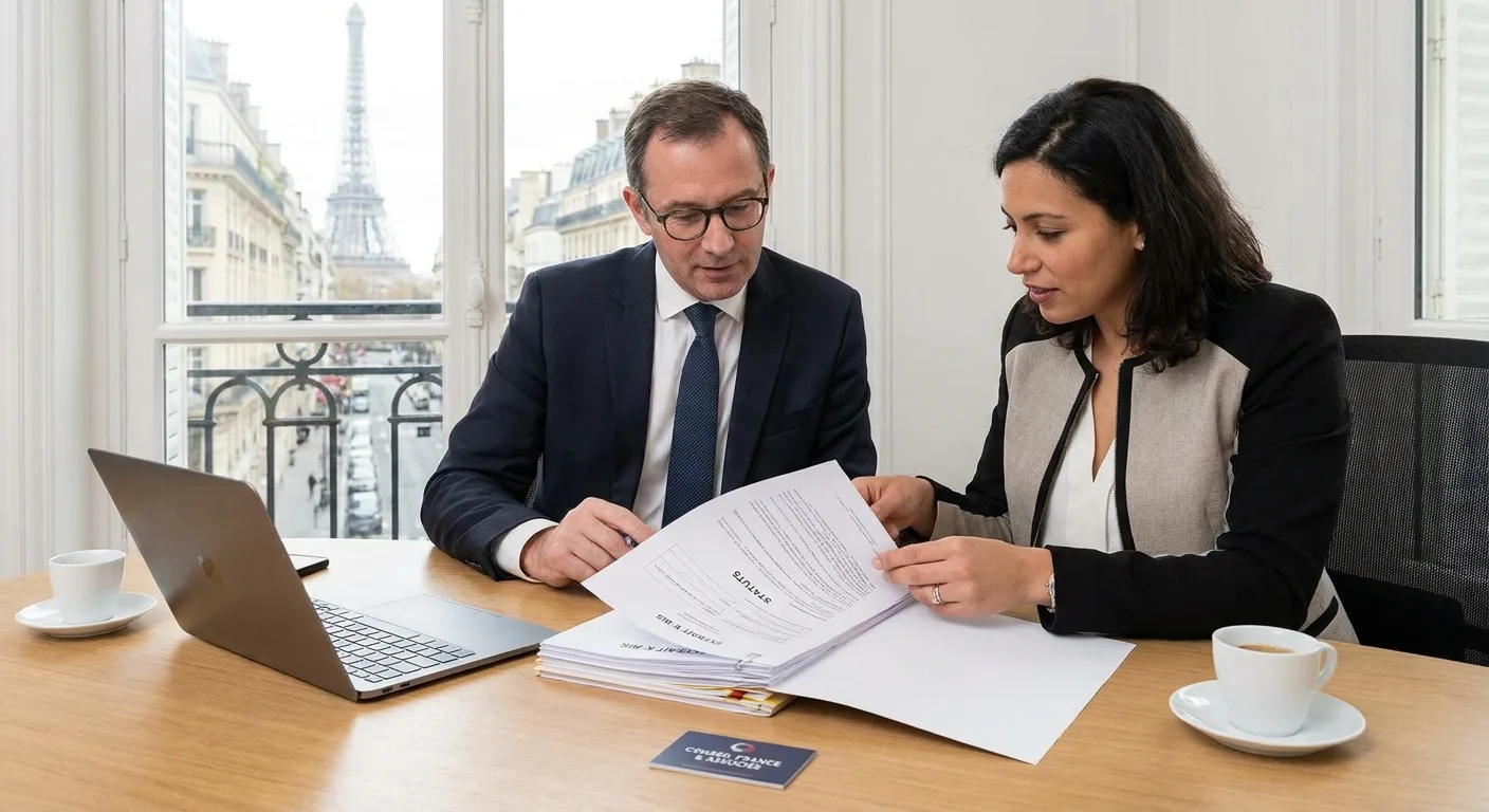 Conseiller en affaires et entrepreneur étranger examinant ensemble des documents d'enregistrement de filiale en France