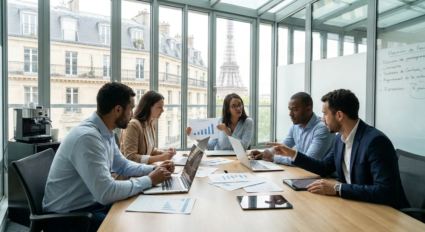 Équipe internationale examinant des documents dans un bureau moderne à Paris pour la création d'une filiale