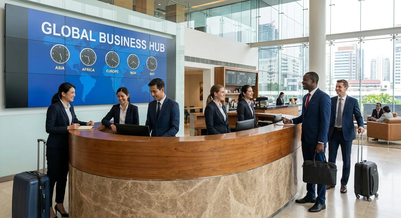 Réception moderne d'un centre d'affaires avec personnel professionnel accueillant des clients internationaux